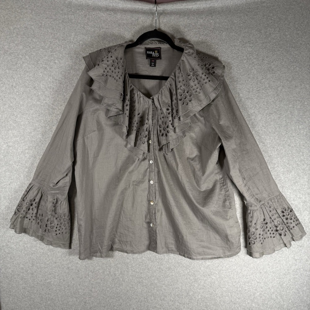 Rara Avis Women Top 22W plus Gray Cotton Blend Long Sleeve Eyelet Ruffle Blouse